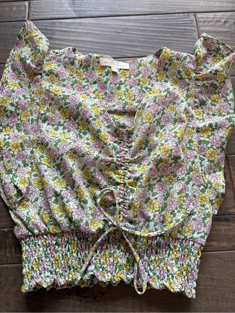 Monteau Floral Ruched Tie-Front Crop Top - Yellow & Pink